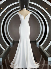 Wedding Dresses Online Shopping, Trumpet/Mermaid V-neck Chapel Train Stretch Crepe Wedding Dresses with Ruffles