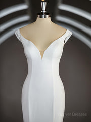 Wedding Dress Online Shopping, Trumpet/Mermaid V-neck Chapel Train Stretch Crepe Wedding Dresses with Ruffles