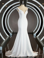 Wedding Dresses Online Shop, Trumpet/Mermaid V-neck Chapel Train Stretch Crepe Wedding Dresses with Ruffles