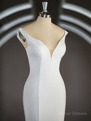 Wedding Dress Online Shop, Trumpet/Mermaid V-neck Chapel Train Stretch Crepe Wedding Dresses with Ruffles