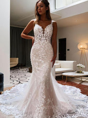 Wedding Dress For Large Bust, Trumpet/Mermaid V-neck Cathedral Train Tulle Wedding Dress with Appliques Lace