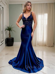 Party Dresses Teen, Trumpet/Mermaid V-neck Court Train Elastic Woven Satin Prom Dresses With Appliques Lace