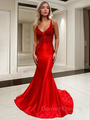 Party Dress Look, Trumpet/Mermaid V-neck Court Train Elastic Woven Satin Prom Dresses With Appliques Lace