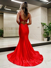Party Dress New, Trumpet/Mermaid V-neck Court Train Elastic Woven Satin Prom Dresses With Appliques Lace