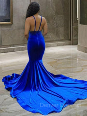 Prom Dress Cheap, Trumpet/Mermaid V-neck Court Train Elastic Woven Satin Prom Dresses With Appliques Lace