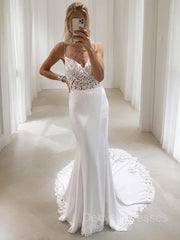 Wedding Dresses No Sleeves, Trumpet/Mermaid V-neck Court Train Stretch Crepe Wedding Dresses With Appliques Lace