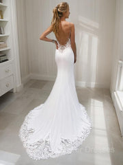 Wedding Dress Elegent, Trumpet/Mermaid V-neck Court Train Stretch Crepe Wedding Dresses With Appliques Lace