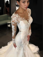 Wedding Dresses Fit, Trumpet/Mermaid V-neck Court Train Tulle Wedding Dresses With Appliques Lace