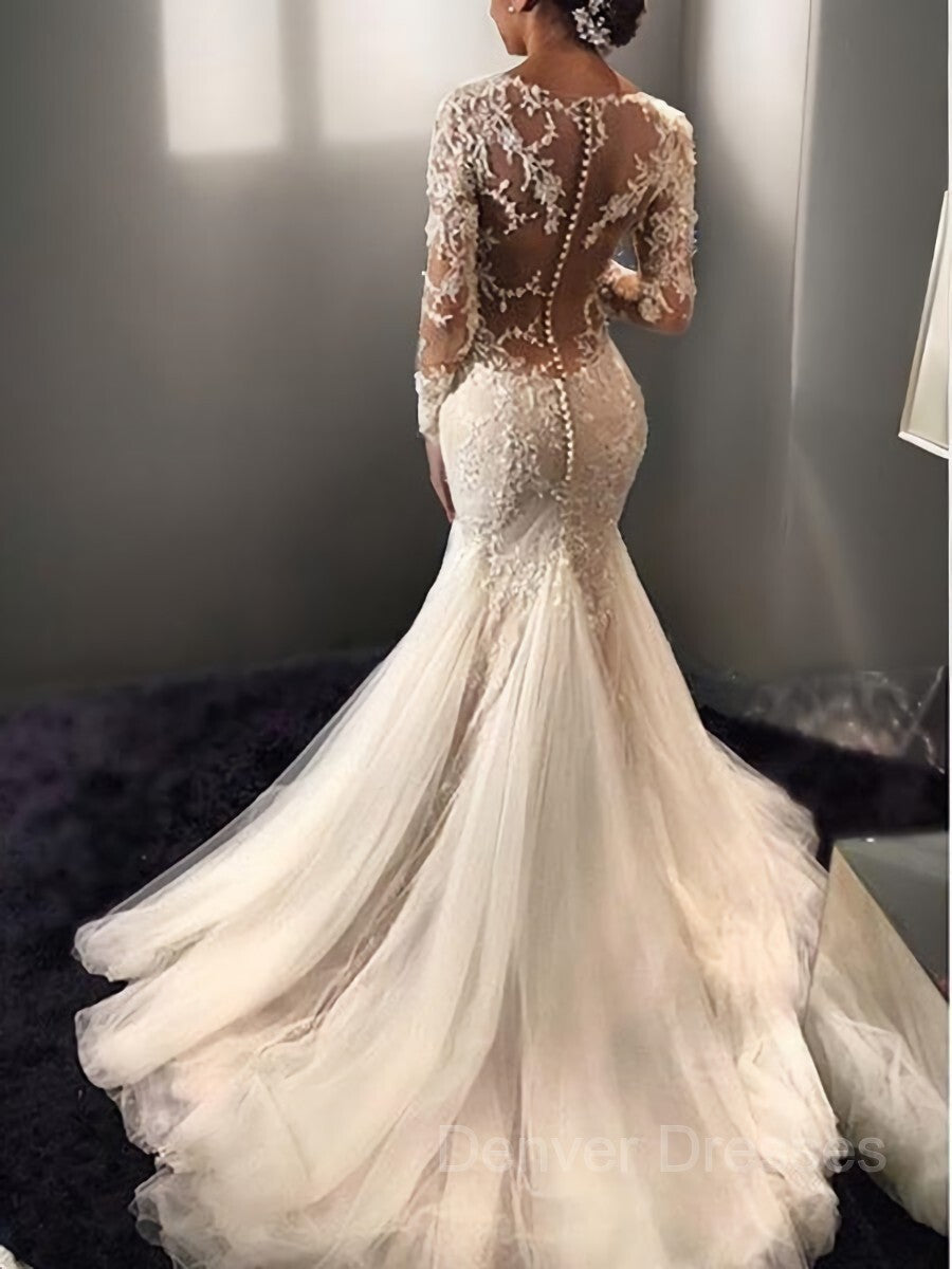 Wedding Dress Fitted, Trumpet/Mermaid V-neck Court Train Tulle Wedding Dresses With Appliques Lace