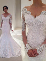 Wedding Dress Outlet Near Me, Trumpet/Mermaid V-neck Court Train Tulle Wedding Dresses With Appliques Lace