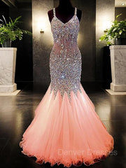Evening Dress Lace, Trumpet/Mermaid V-neck Floor-Length Tulle Prom Dresses With Rhinestone