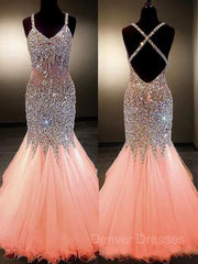 Evening Dress Short, Trumpet/Mermaid V-neck Floor-Length Tulle Prom Dresses With Rhinestone