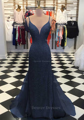 Formal Dress For Winter, Trumpet/Mermaid V Neck Sleeveless Court Train Lace Tulle Prom Dress