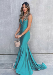 Prom Dresses Brown, Trumpet/Mermaid V Neck Sleeveless Sweep Train Jersey Prom Dress