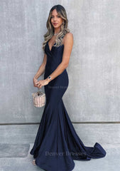Black Dress, Trumpet/Mermaid V Neck Sleeveless Sweep Train Jersey Prom Dress