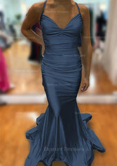 Dusty Blue Bridesmaid Dress, Trumpet/Mermaid V Neck Sleeveless Sweep Train Jersey Prom Dress With Pleated