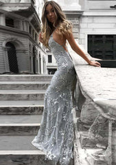 Evening Dress Prom, Trumpet/Mermaid V Neck Sleeveless Sweep Train Tulle Evening Dress With Beading Appliqued