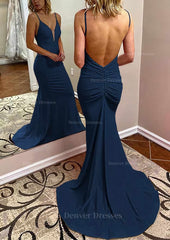 Prom Dress Champagne, Trumpet/Mermaid V Neck Spaghetti Straps Court Train Jersey Prom Dress With Pleated