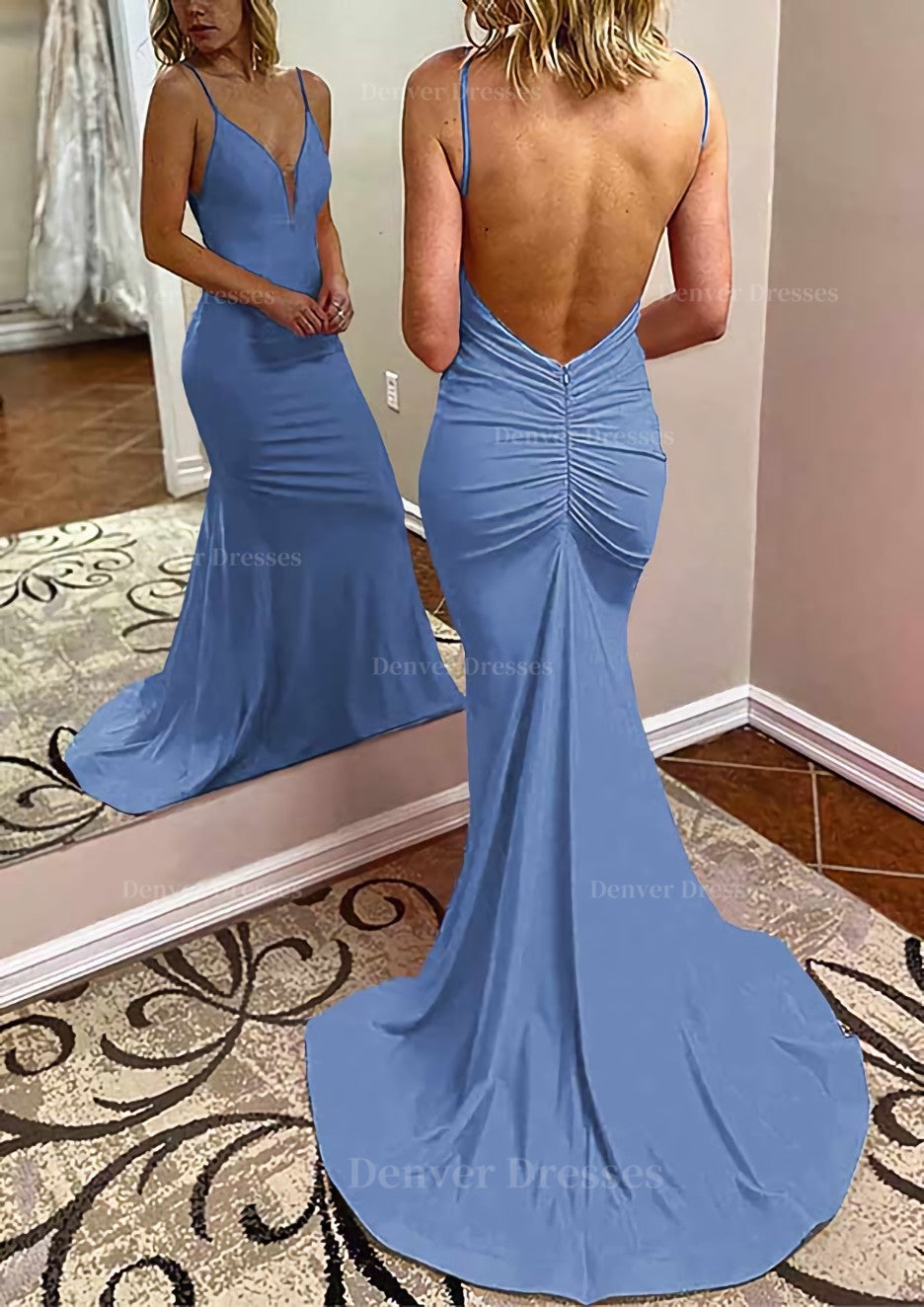 Prom Dresses Blue Light, Trumpet/Mermaid V Neck Spaghetti Straps Court Train Jersey Prom Dress With Pleated