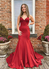 Prom Dress For Sale, Trumpet/Mermaid V Neck Spaghetti Straps Sweep Train Satin Prom Dress