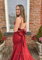 Prom Dresses Tight, Trumpet/Mermaid V Neck Spaghetti Straps Sweep Train Satin Prom Dress