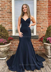 Prom Dress Tight, Trumpet/Mermaid V Neck Spaghetti Straps Sweep Train Satin Prom Dress