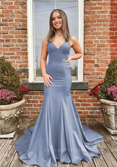 Prom Dress Gown, Trumpet/Mermaid V Neck Spaghetti Straps Sweep Train Satin Prom Dress