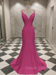 Prom Dressed 2040, Trumpet/Mermaid V-neck Sweep Train Jersey Prom Dresses