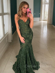 Sundress, Trumpet/Mermaid V-neck Sweep Train Lace Prom Dresses With Appliques Lace