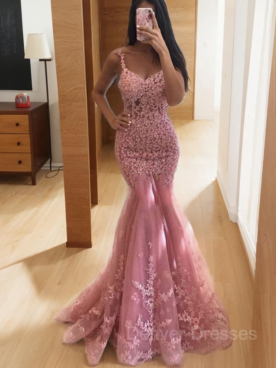 Formal Dresses Black, Trumpet/Mermaid V-neck Sweep Train Lace Prom Dresses With Appliques Lace