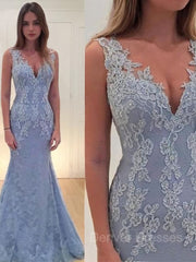 Party Dresses Stores, Trumpet/Mermaid V-neck Sweep Train Lace Prom Dresses With Appliques Lace