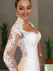 Wedding Dress And Veil, Trumpet/Mermaid V-neck Sweep Train Lace Wedding Dresses With Appliques Lace