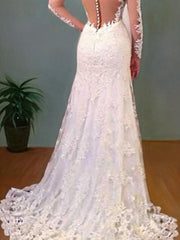 Wedding Dress Flower, Trumpet/Mermaid V-neck Sweep Train Lace Wedding Dresses With Appliques Lace