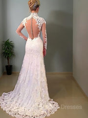 Wedding Dress Flowers, Trumpet/Mermaid V-neck Sweep Train Lace Wedding Dresses With Appliques Lace