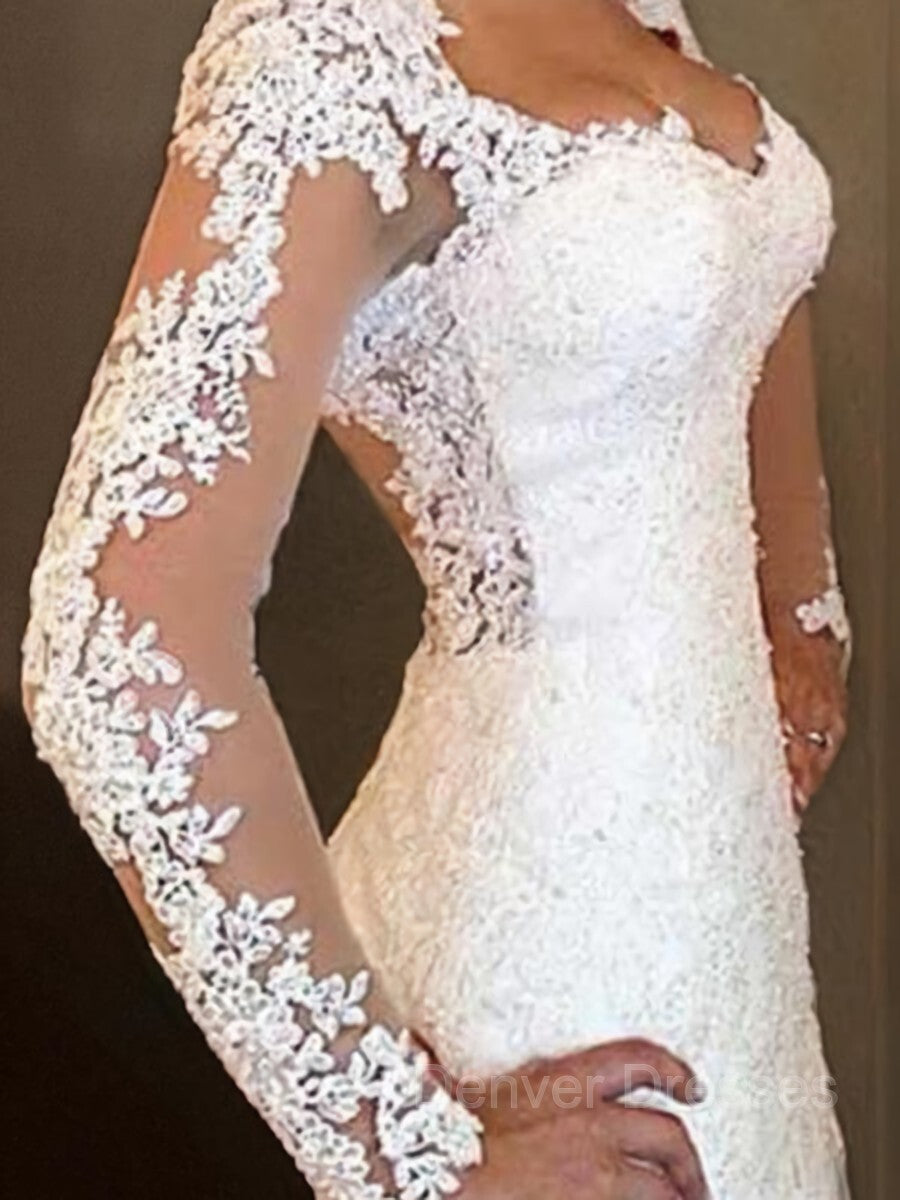 Wedding Dresses Flower, Trumpet/Mermaid V-neck Sweep Train Lace Wedding Dresses With Appliques Lace