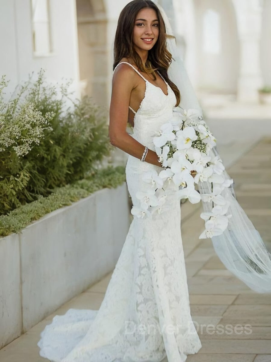 Wedding Dressed Beach, Trumpet/Mermaid V-neck Sweep Train Lace Wedding Dresses With Appliques Lace