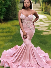 Prom Dress Type, Trumpet/Mermaid V-neck Sweep Train Silk like Satin Prom Dresses With Appliques Lace