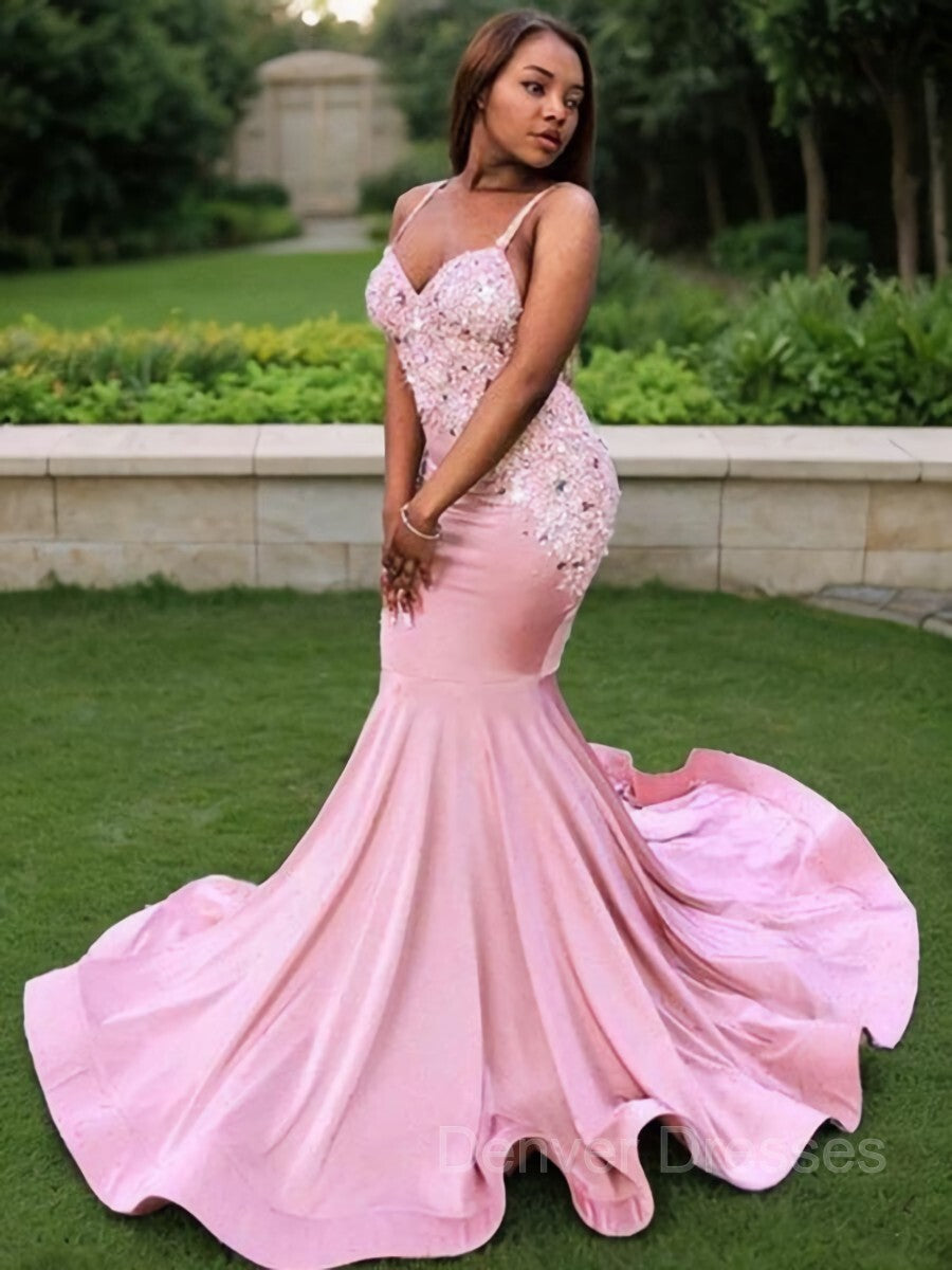 Prom Dress Aesthetic, Trumpet/Mermaid V-neck Sweep Train Silk like Satin Prom Dresses With Appliques Lace