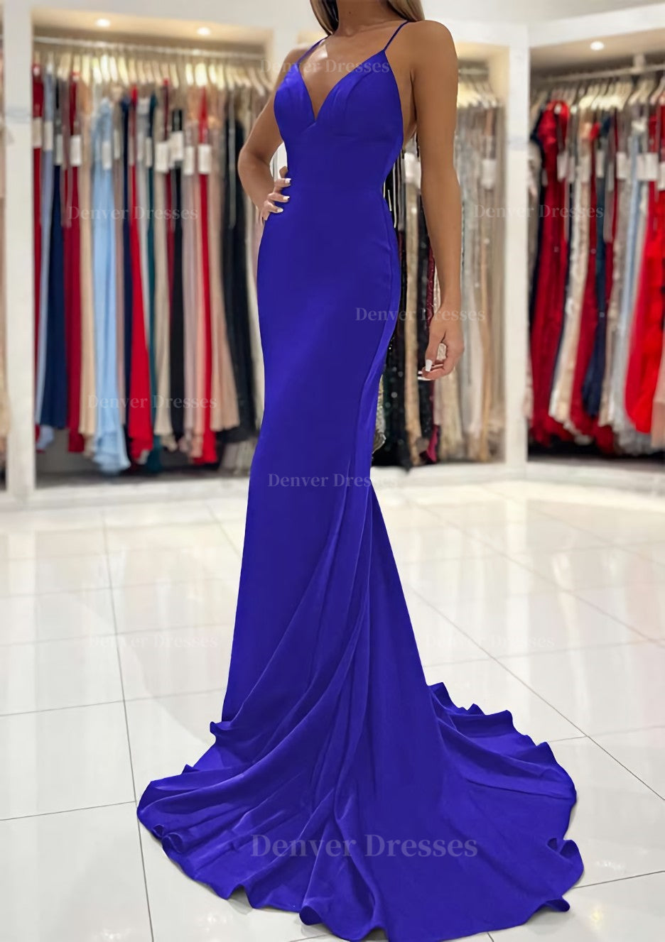 Stylish Outfit, Trumpet/Mermaid V Neck Sweep Train Sleeveless Elastic Satin Prom Dress