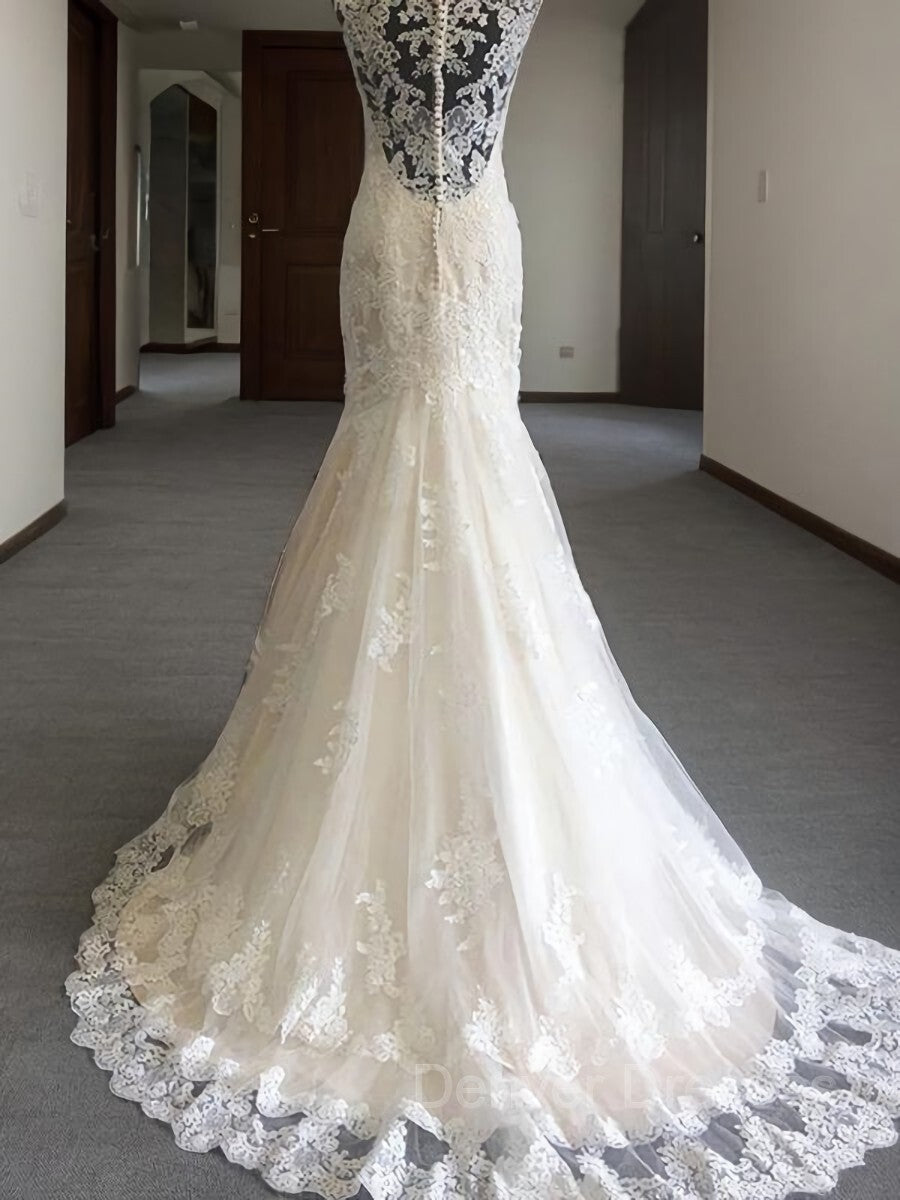 Wedding Dresses Summer, Trumpet/Mermaid V-neck Sweep Train Tulle Wedding Dresses With Appliques Lace