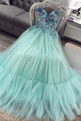 Prom Dress Glitter, A Line Mint Green Sweetheart Tulle Appliques Long Prom Dresses