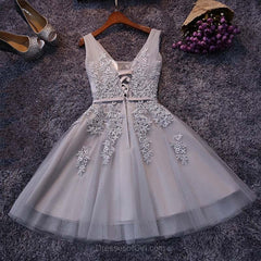 Wedding Ideas, Tulle A-line V-neck Knee-length Lace Short Prom Dresses,Homecoming Dress with Applique