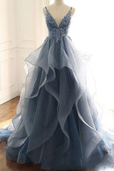 Engagement Photo, Tulle A-line V-neck Spaghetti Straps Appliqued Prom Dresses, Evening Dress