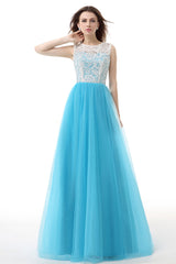 Prom Dress Floral, Tulle Lace Light Sky Blue Prom Dresses