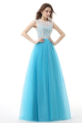 Prom Dresses Off Shoulder, Tulle Lace Light Sky Blue Prom Dresses