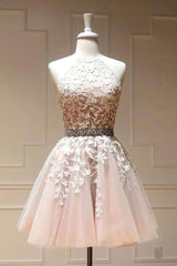 Party Dress For Night, Tulle Lace Short Prom Dress Beading A Line Homecoming Dress