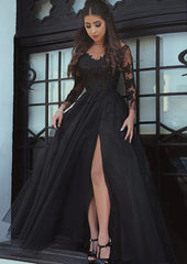 Party Dress Bling, Tulle Long/Floor-Length A-Line/Princess Full/Long Sleeve Sweetheart Zipper Prom Dress With Appliqued