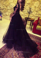 Party Dress Over 66, Tulle Long/Floor-Length A-Line/Princess Full/Long Sleeve Sweetheart Zipper Prom Dress With Appliqued