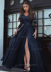 Party Dress Emerald Green, Tulle Long/Floor-Length A-Line/Princess Full/Long Sleeve Sweetheart Zipper Prom Dress With Appliqued