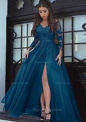 Party Dress Nye, Tulle Long/Floor-Length A-Line/Princess Full/Long Sleeve Sweetheart Zipper Prom Dress With Appliqued